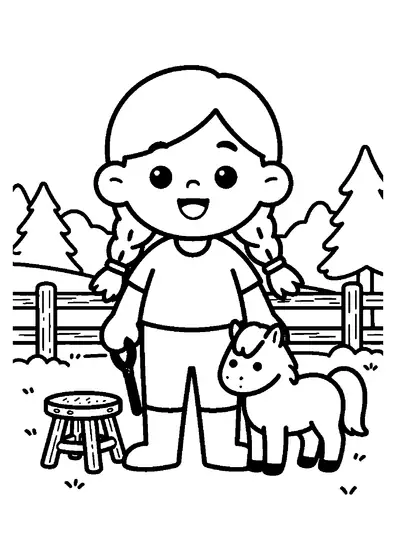 A girl in riding clothes stands beside a small pony near a wooden fence on an obstacle course.