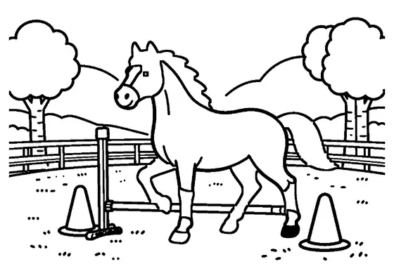 A golden horse galloping across a sandy arena beside a wooden jump and training cone.