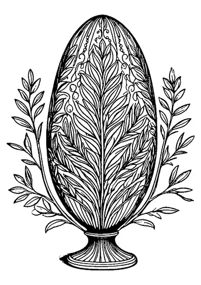 Ovo pintado sobre um pedestal rodeado por ramos de oliveira com muitas folhas com um contorno aberto para colorir para adultos.