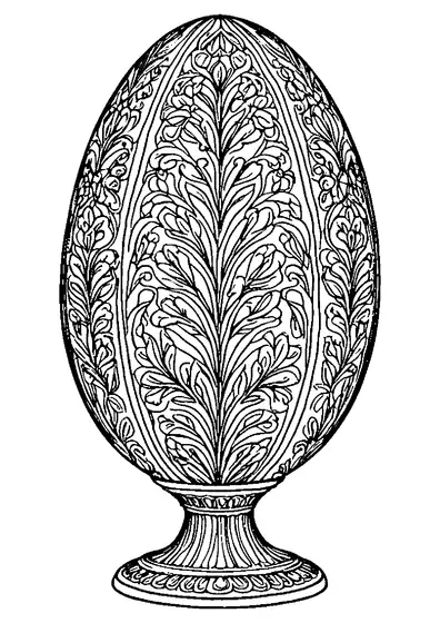 Um ovo de Páscoa decorativo numa haste preenchida com um intrincado padrão vegetal e folhas que dão campos fechados para colorir.