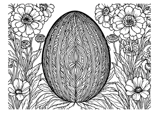 Ovo de Páscoa ricamente decorado rodeado por rosas de veludo florescidas e folhas, com pétalas detalhadas e padrões na casca para colorir.