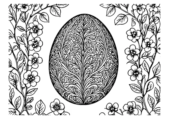 Um ovo de Páscoa ricamente ornamentado com motivos botânicos está situado entre ramos floridos de mirtilo com campos limpos para colorir.