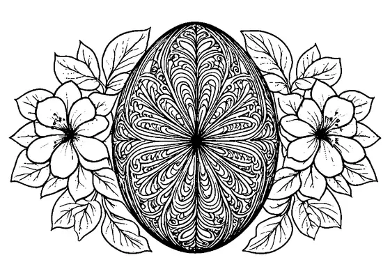 Um ovo de Páscoa rendado no centro de uma composição horizontal com pétalas e folhas de flores para colorir para adultos.