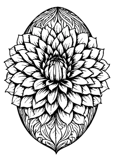 Um ovo de Páscoa ricamente decorado com uma grande dália no centro e arabescos decorativos cria um ornamento rico para colorir para adultos.