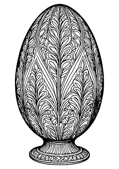 Ovo de Páscoa ricamente decorado com uma base ornamental, adornado com intrincados ornamentos de folhas e ramos para colorir para adultos.
