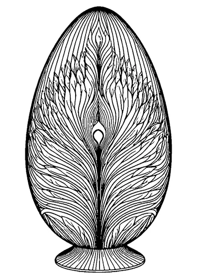 Pintado de Páscoa em suporte decorado com intrincado ornamento de olho de pavão e penas, com áreas limpas para colorir detalhadamente.