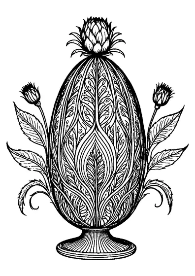 Ovo de Páscoa com flores de erva-de-são-joão em um pedestal com padrões intrincados e folhas laterais criando campos detalhados para colorir para adultos.