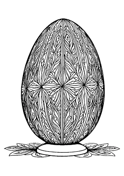 Um pintado de Páscoa ricamente decorado com um ornamento rendado numa base elegante com folhas, um desenho para imprimir difícil para adultos