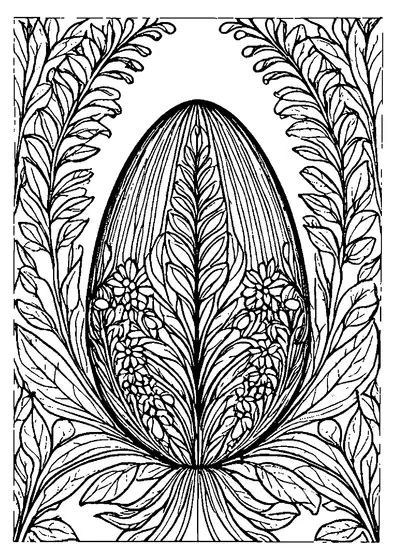 Coloração para adultos apresenta um ovo de Páscoa intrincado com um tema de folhas e flores rodeado por ramos de plantas com contornos distintos.