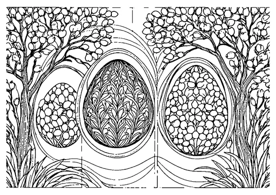 Ovos de Páscoa decorativos sob galhos de cerejeira em flor com padrões intrincados e campos limpos para colorir.