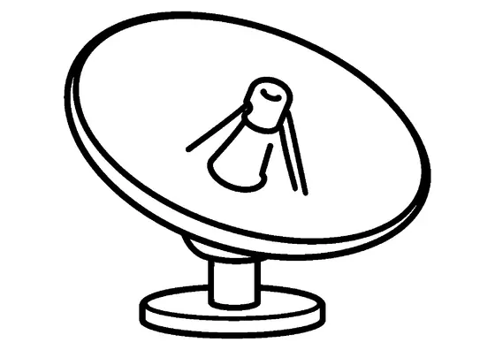 Antena espacial con una gran parábola, un soporte y una base redonda.