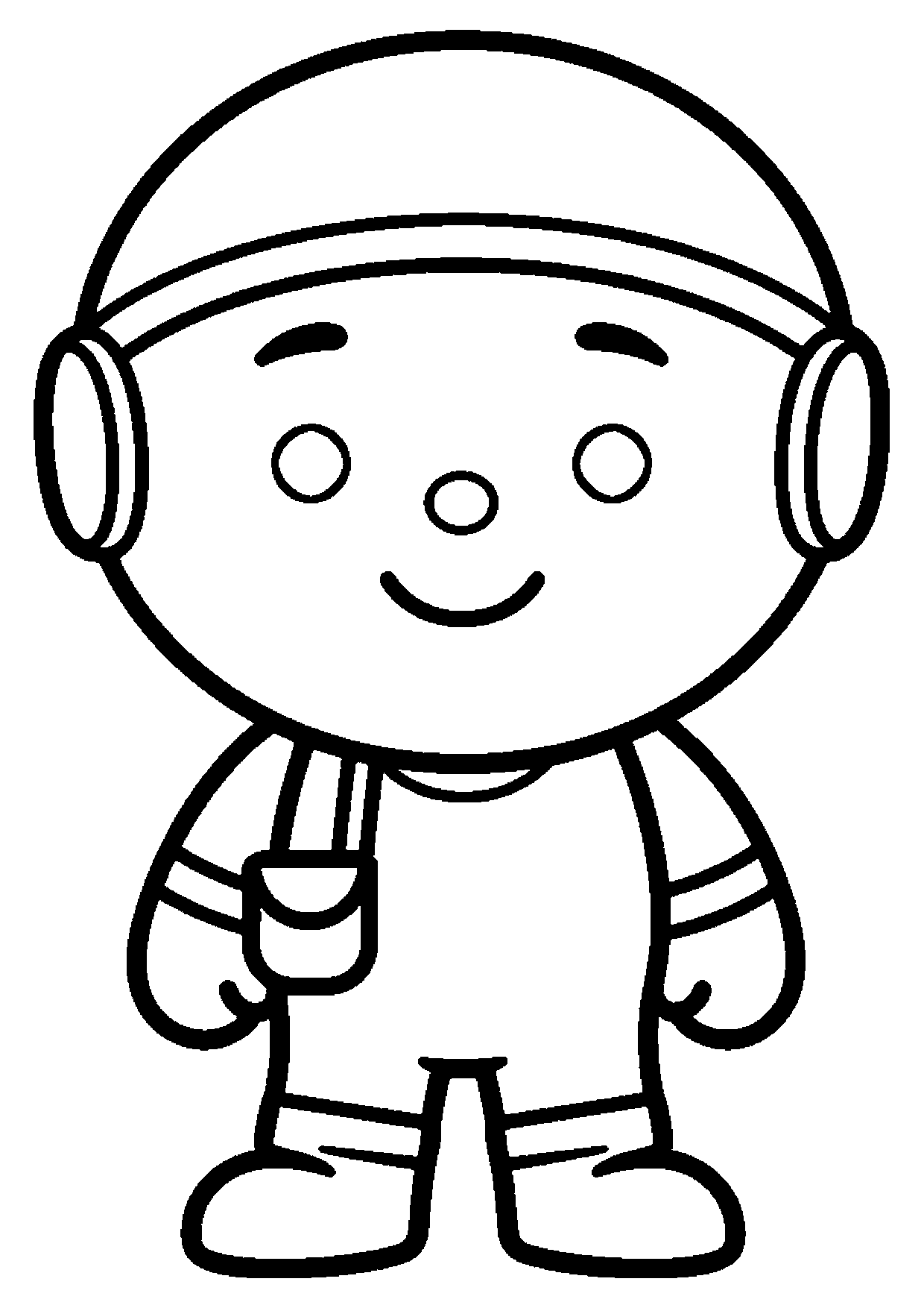 Een kleine astronaut in een ruimtepak staat met een glimlach en kijkt recht vooruit.