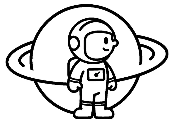 Um meteorologista espacial está de pé em frente a um planeta com grossas faixas onduladas de nuvens.
