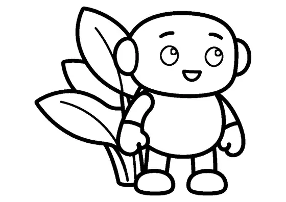 Um robo-botânico com cabeça oval está ao lado de uma planta grande com folhas largas.