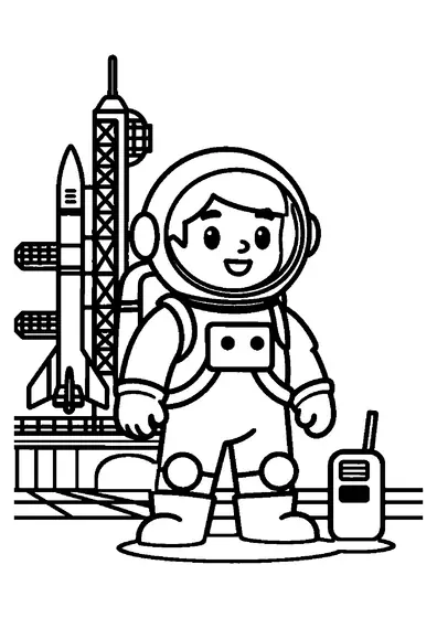 Un astronauta con traje espacial permanece junto a un equipo de oxígeno, con un cohete y una torre de lanzamiento al fondo.