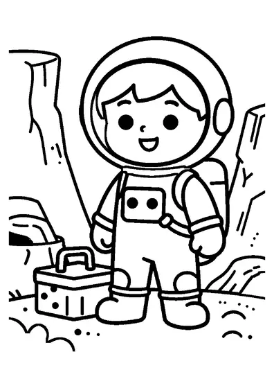 Un joven astronauta con un escáner permanece junto a un contenedor de muestras dentro de un cráter.