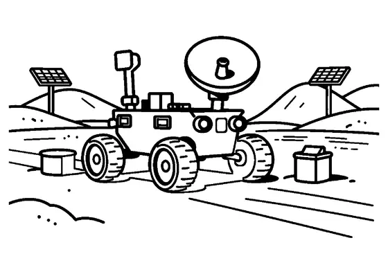 Un rover espacial con brazo robótico permanece cerca de una estación de investigación y un terreno rocoso.