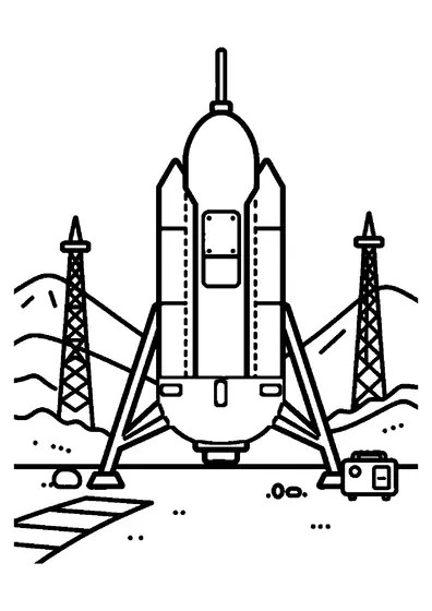 Un módulo de aterrizaje espacial con patas de soporte se encuentra en una base planetaria en un terreno accidentado.