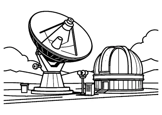 Un radiotelescopio gigante apunta al cielo junto a un edificio de observatorio en la montaña.