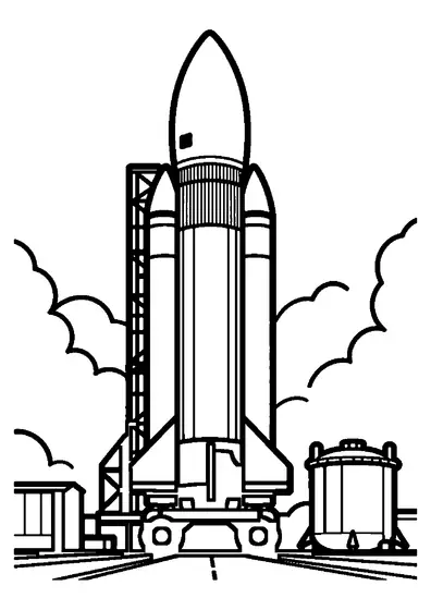 Un potente cohete de carga con propulsores en una estación de reabastecimiento en el puerto espacial.