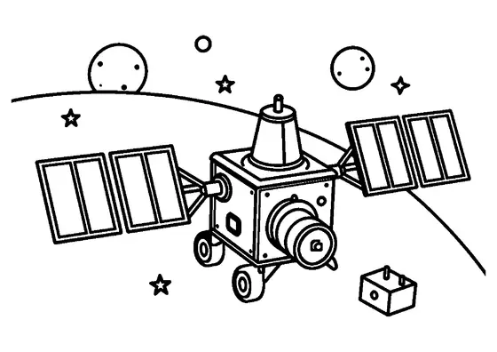 Un gran satélite con paneles solares orbita un planeta ante un fondo de lunas y estrellas.