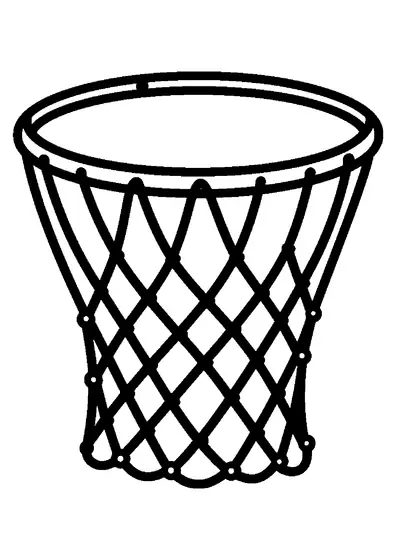 Großes Basketballnetz, das an einem breiten Korbring hängt.