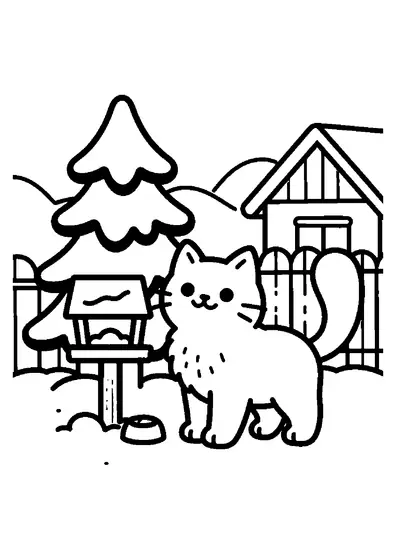 Ein flauschiges Kätzchen steht an einem winterlichen Futterhaus, umgeben von verschneiten Fichten.