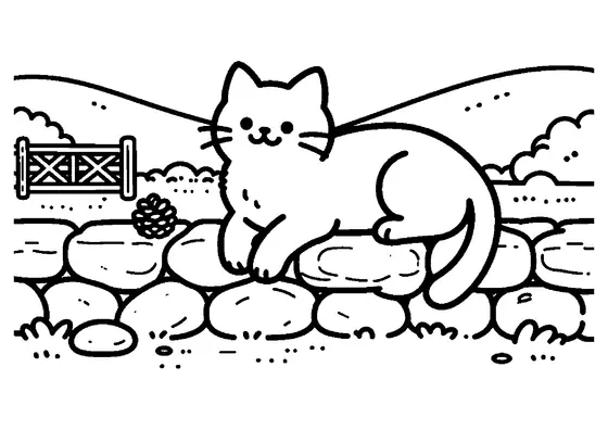 Un gatito tumbado sobre un muro bajo de piedra junto a una valla.