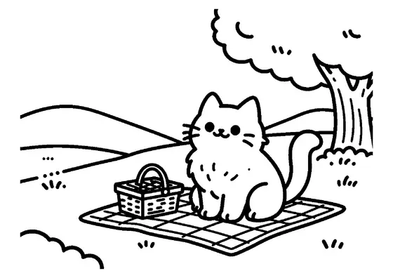 Un gatito sentado sobre una manta de pícnic en un prado cubierto de hierba.