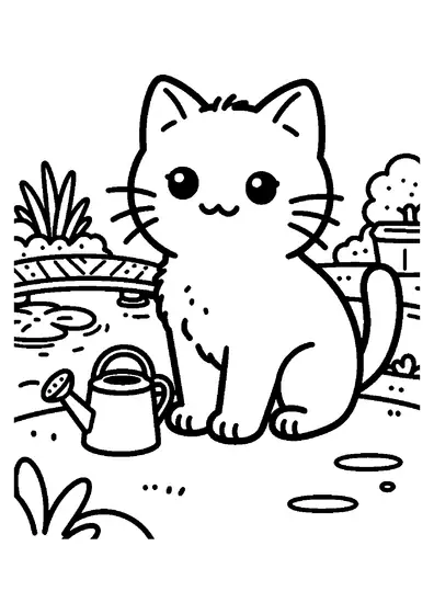 A kitten sits beside a watering can near a pond with a footbridge and large water lilies.