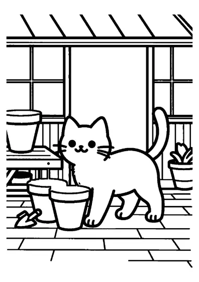 Un gatito camina entre macetas de cerámica en el jardín de una floristería.