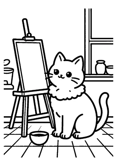 O pisicuță stă lângă un șevalet din lemn într-un atelier de pictură luminos.