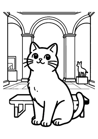 A kitten sits in front of a large sculpture in a gallery with wall panels and arched doorways.