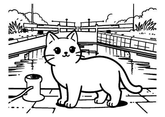 A kitten stands beside a bollard and coiled rope on a path near a stone canal lock.