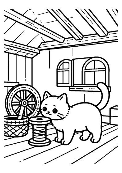 Un gatito curioso se asoma junto a una rueca de madera en un desván.