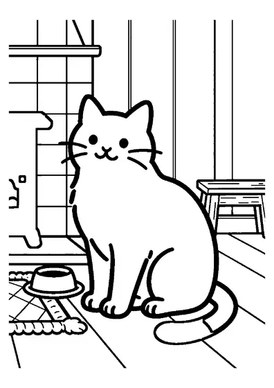 Un gatito entra en calor junto a una acogedora estufa de azulejos.