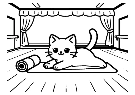 A kitten stretches beside ballet shoes and a rolled-up mat in a bright dance studio.