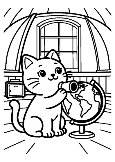 A kitten sits beside a telescope and a large globe inside an observatory dome.