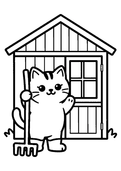 A kitten peeks out from behind a large rain boot and rake inside a wooden garden shed.