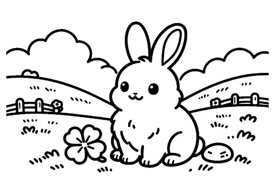 A fluffy bunny sits in a meadow beside a clover leaf and a flat stone.