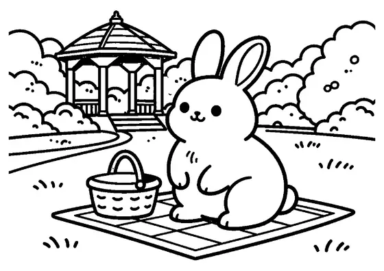 A bunny sits beside a basket and picnic blanket in a summer garden with a gazebo and hedge.