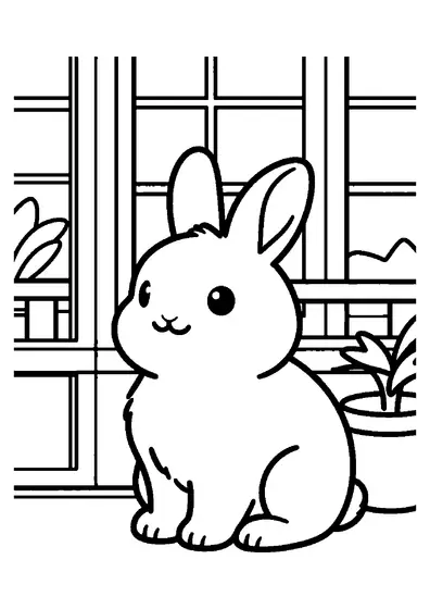 A pet bunny sits beside a cushion and planter on the stone terrace of a conservatory.