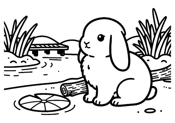A bunny sits beside a leaf and a piece of wood near a calm pond.