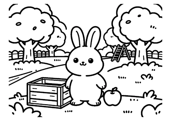 A bunny stands beside a crate and an apple, with apple trees growing behind it.