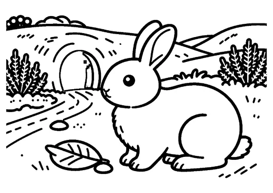 A wild bunny sits beside a leaf and rock outside its burrow on the moor.