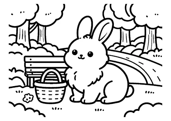 A bunny sits beside a basket and a large maple leaf near a park bench.