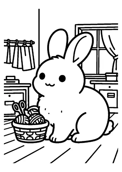 Un conejo de Angora de pelo largo junto a una cesta con ovillos en un acogedor taller de costura.