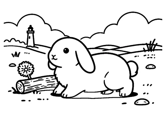 A fluffy rabbit runs past driftwood and a leaf on coastal dunes, with a lighthouse in the distance.