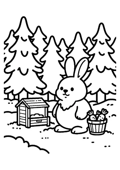 Un pequeño conejo enano está junto a un comedero, un cubo de zanahorias y un manojo de heno en un bosque nevado.