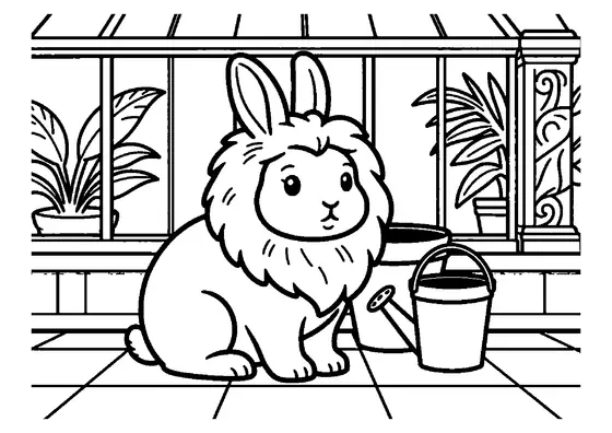 Κουνέλι Lionhead με πλούσια χαίτη σε πέτρινη βεράντα θερμοκηπίου δίπλα σε μεγάλη γλάστρα.